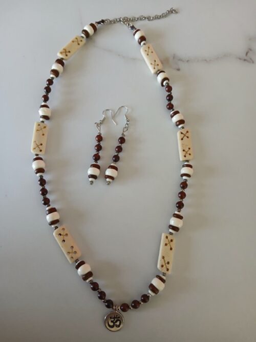 Crown of Ancestors – Necklace & Earring Set with Buffalo Bone, Sandalwood & Crown Chakra Charm | Ancestral Strength, Higher Connection & Balance