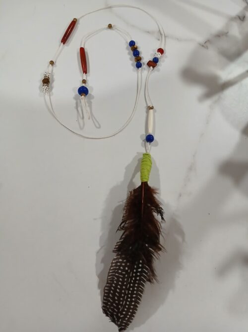 Guardian of Flame – 44.5" Prayer Beads with Bone, Glass, Pony Beads, Sacred Wood & Guinea Feathers | Living Vessel of Prayer